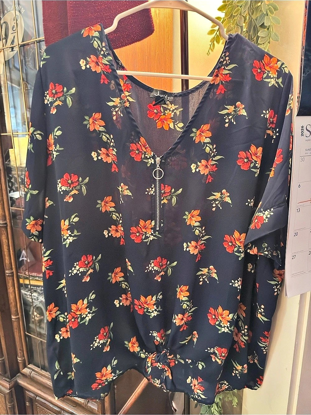 Justify Floral Zip Front Blouse in Blue & Orange